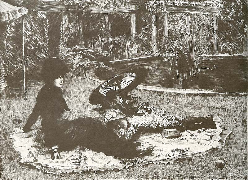 James Jacques Tissot, Sur L'Herbe, 1880
Etching and Drypoint, 7 3/4 x 10 5/8 inches
