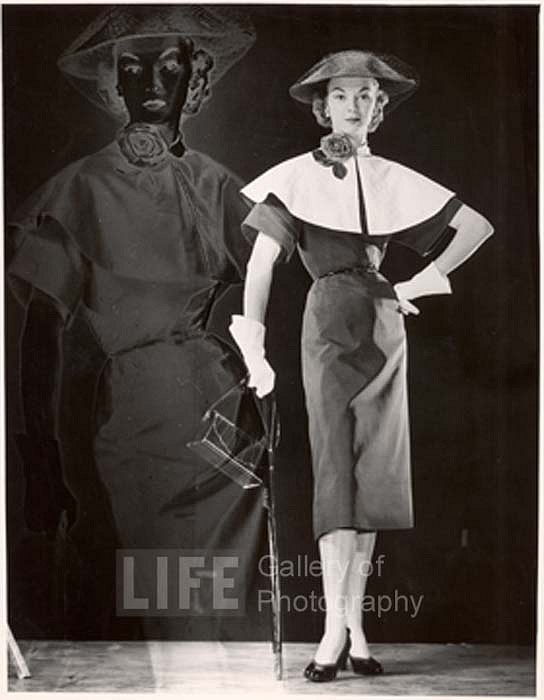 Gjon Mili, Positive and Negative Image of Model with Black Dress with Cape Collar, Veiled Straw Hat, Carrying Handbag and Umbrella, ca. 1946
Vintage Silver Gelatin Print, 13 7/8 x 11 inches