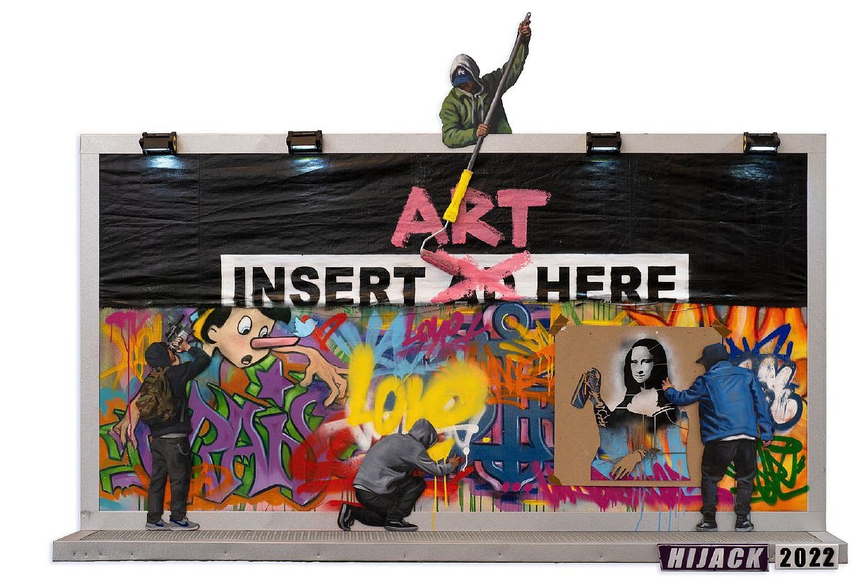 Hijack, Art Not Ads, 2022
Oil, Acrylic, Spray Paint, and  Original Woodcuts on Metal Billboard, 57 x 80 x 11 in.