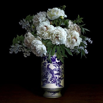 T.M. Glass -&nbsp;T.M. Glass Peonies in a Blue and White Chinese Peacock Vase