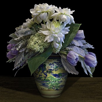 T.M. Glass -&nbsp;T.M. Glass Dahlias, Tulips, and Hydrangeas in a Japanese Vessel