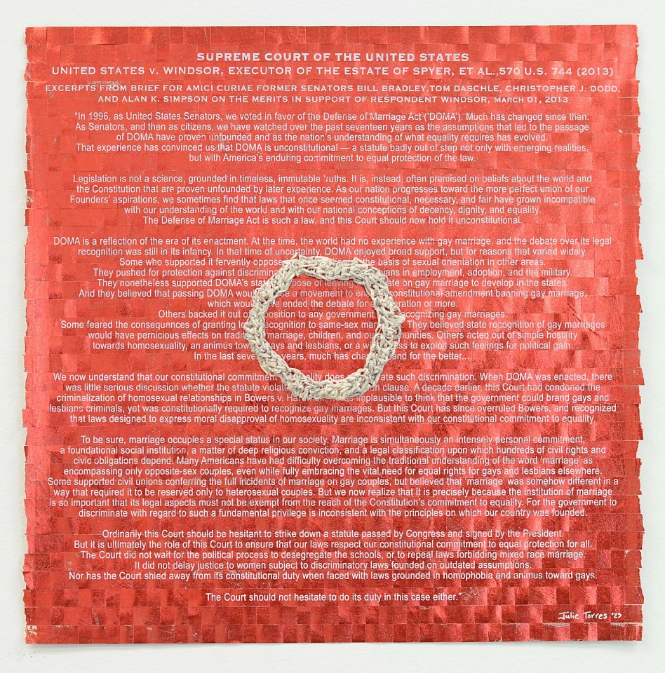 Julie Miller, Amici I, 2023
Original Woven Screenprint, with Crocheted Paper, Diamond Dust and Red Foil, 20 1/2 x 20 1/2 in.