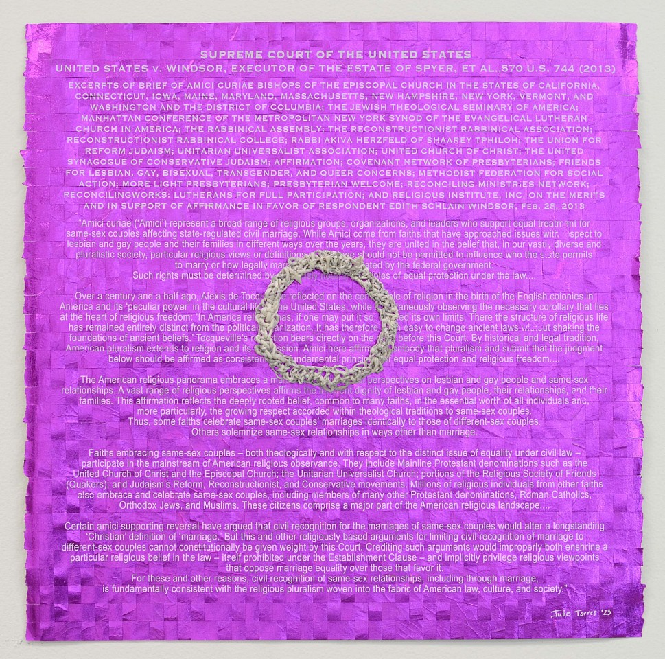 Julie Miller, Amici VI, 2023
Original Woven Screenprint, with Crocheted Paper, Diamond Dust and Violet Foil, 20 1/2 x 20 1/2 in.