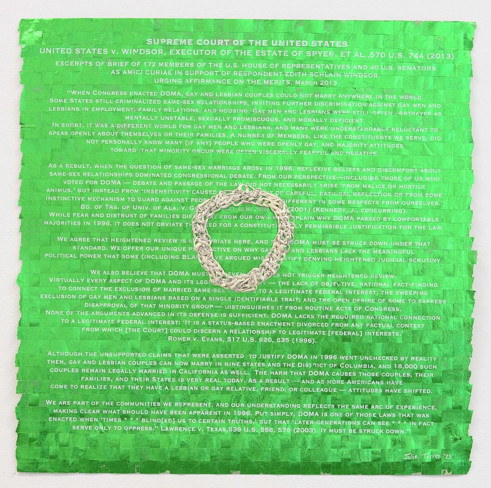 Julie Miller, Amici IV, 2023
Original Woven Screenprint, with Crocheted Paper, Diamond Dust and Green Foil, 20 1/2 x 20 1/2 in.