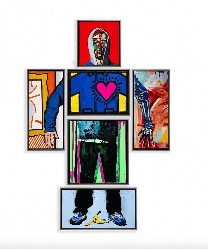 Hijack, Mosaic Of Self, 2023
Acrylic, Oil, Spray Paint and Silkscreen on Canvas(s), Head:  18 x 16 inches
Chest: 17 x 24 inches
Torso: 25.5 x 23 inches
Shoes: 16 x 28 inches
L/R Arm: 32 x 14 inches