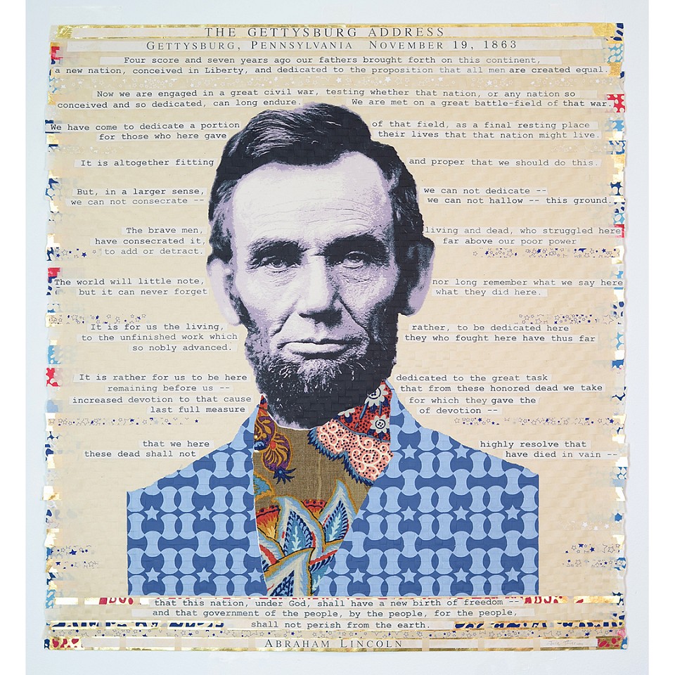 Julie Miller, Honest Abe, 2024
Original Woven Screenprint, with Gold Leaf, and Cut Fabric, 41 1/2 x 38 1/2 in.