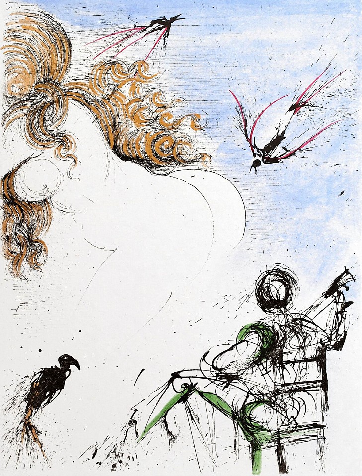 Salvador Dali, Apollinaire Suite: Woman with Parrot, 1967
Hand Colored Copper Etching on Japon, 15 x 11 in.