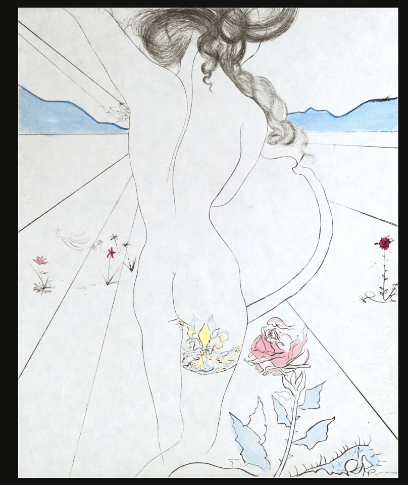 Salvador Dali, Hippies Suite: Nude With Garter, 1969-1970
Hand Colored Copper Etching on Japon, 25 x 20 in.