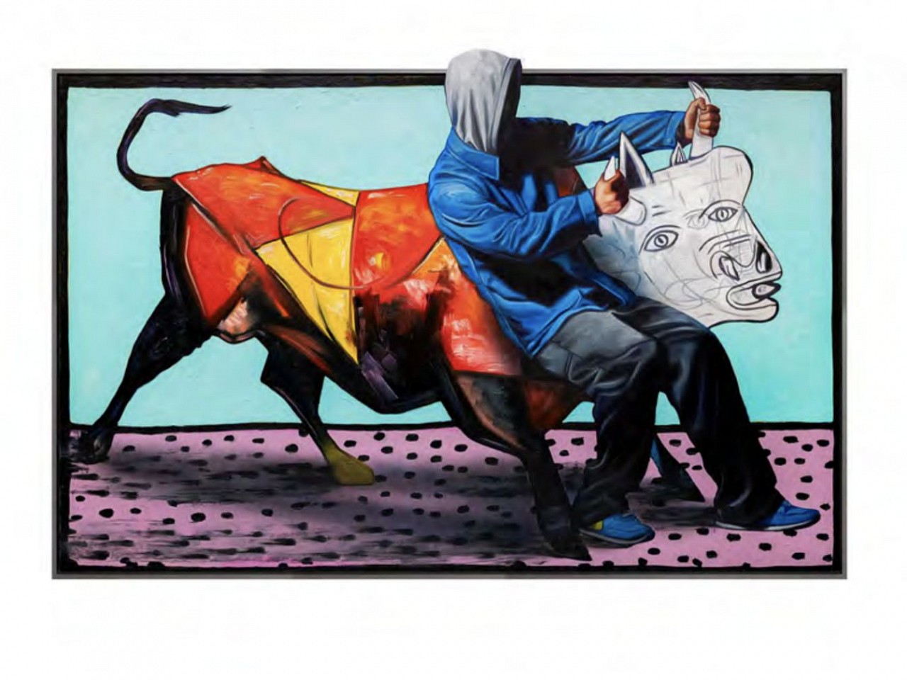 Hijack, Grab The Bull By The Horns, 2024
Acrylic, Oil, and Spray Paint on Woodcut, 48 x 71 in.