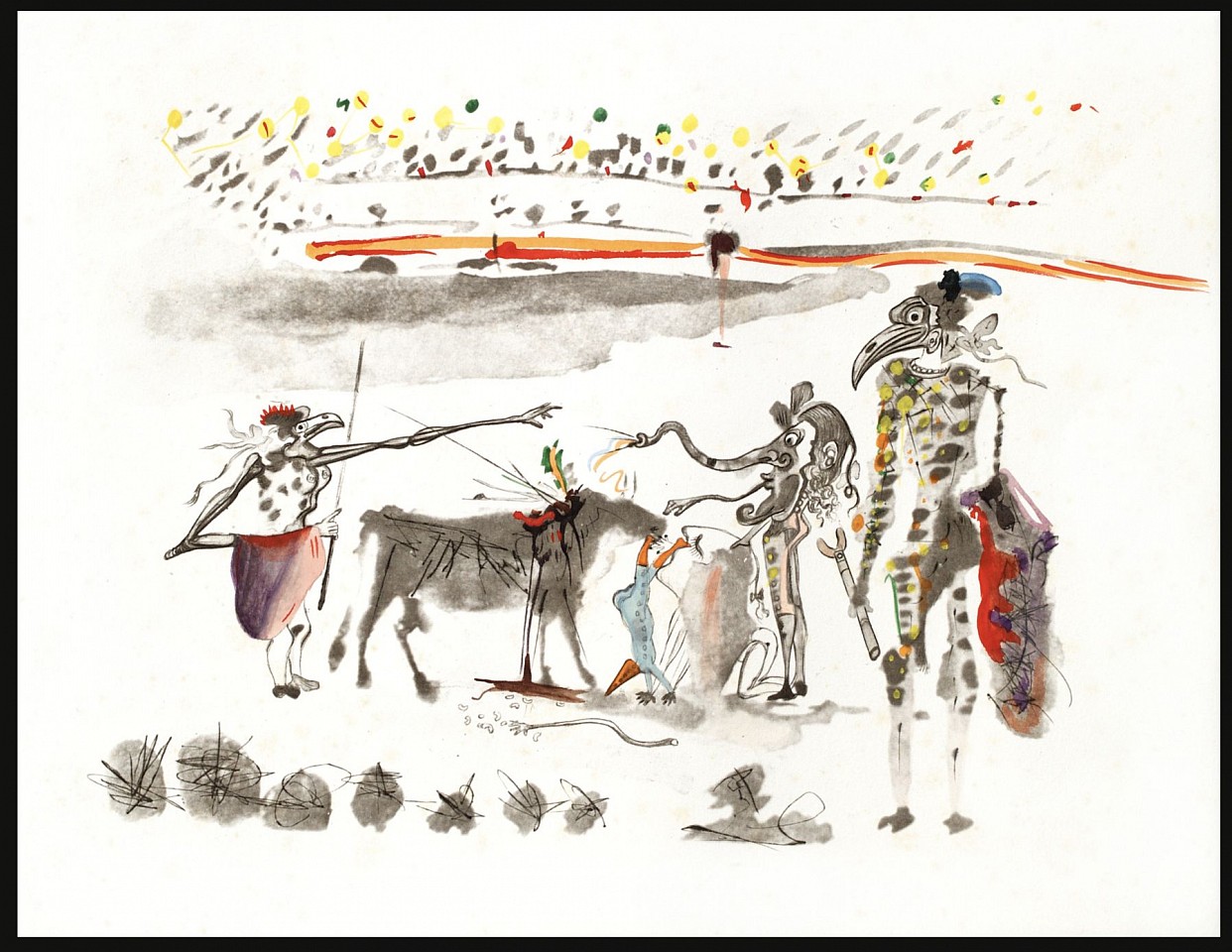 Salvador Dali, Surrealistic Bullfight Suite: The Parrots, 1966-1967
Hand Colored Copper Etching on Japon, 20 x 26 in.