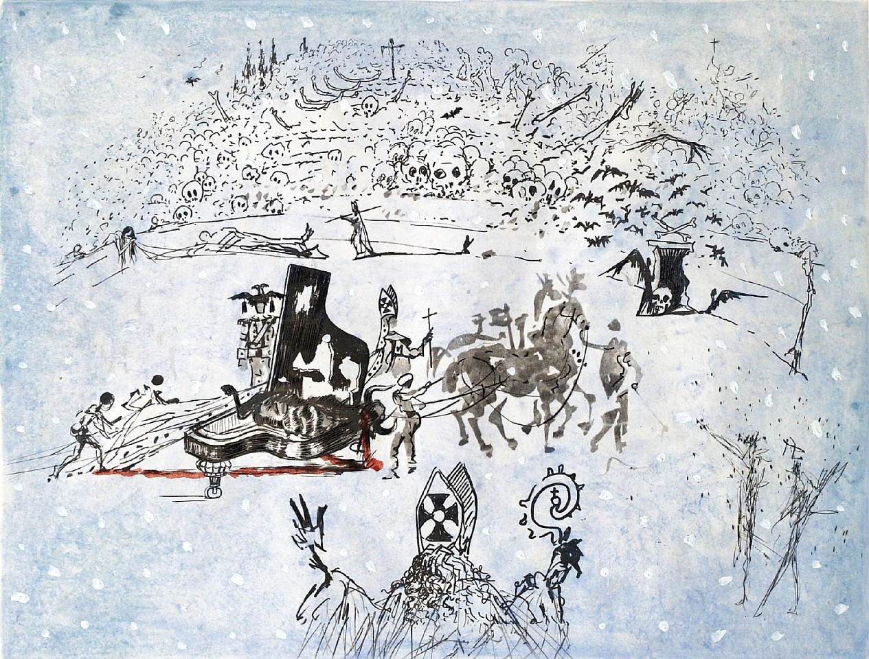 Salvador Dali, Surrealistic Bullfight: Piano under the Snow, 1966-67
Hand Colored Copper Etching on Arches, 20 x 26 in.