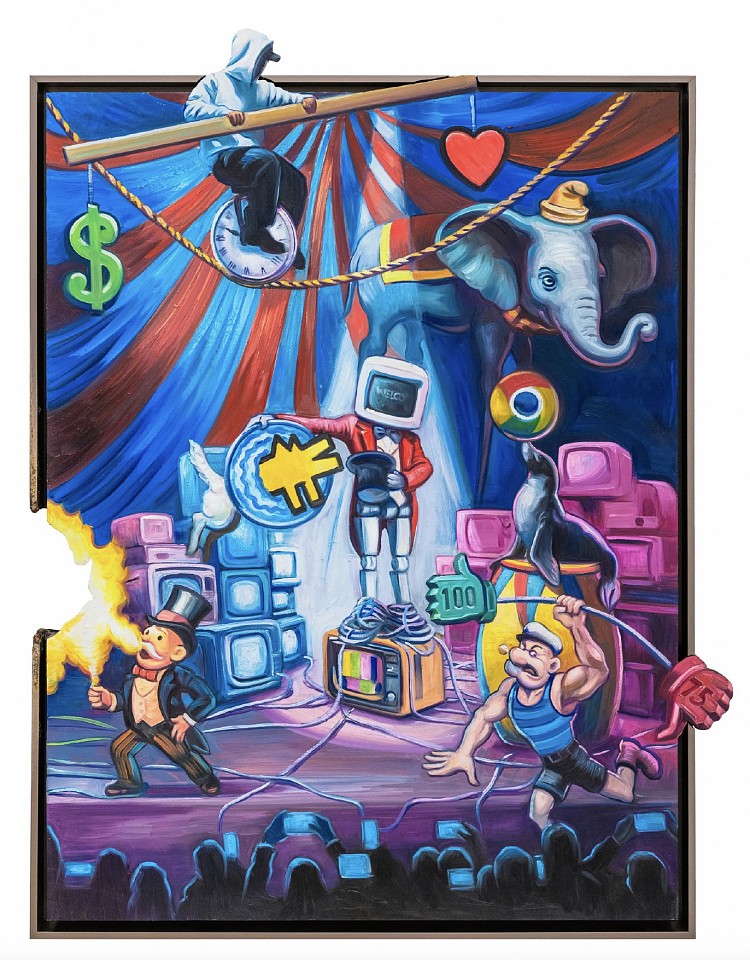 Hijack, Circus of Attention, 2025
Acrylic, Oil, and Spray Paint on Woodcut, 52 x 40 in.