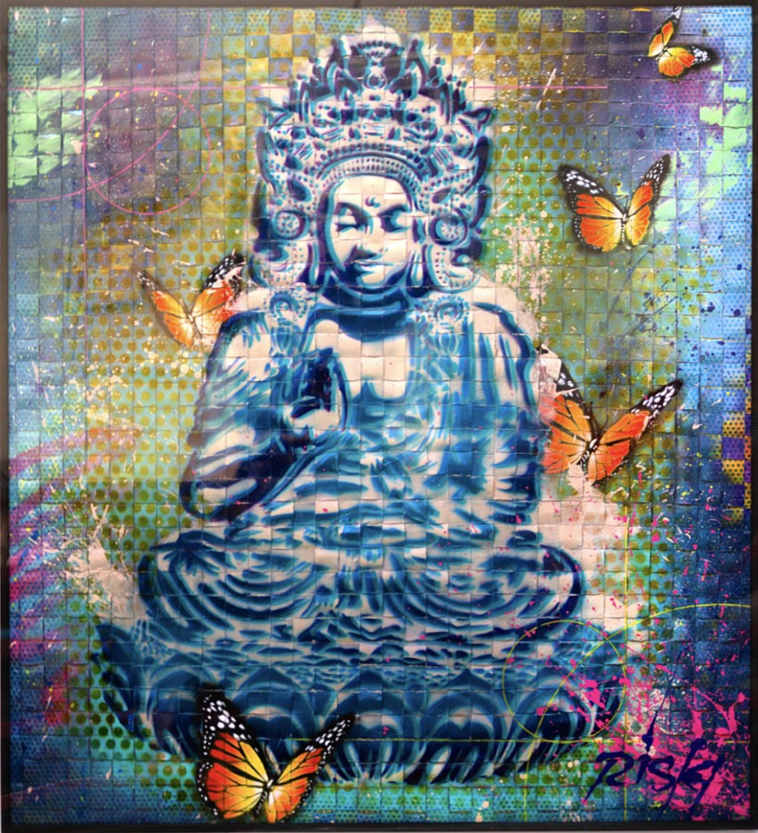 RISK, Woven Warrior Buddha, 2025
Acrylic & Aerosol on Hand Woven Strips of Coventry rag Archival Paper, 53 x 57 in.