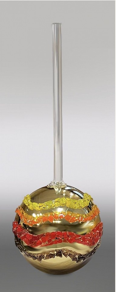 Abby Modell, Gold Cosmic Lollipop, 2026
Hand-blown glass, mirrored assemblage, fire-polished glass, Swarovski crystals, DiamondDust, solid glass pop stick, 46 x 16 in.