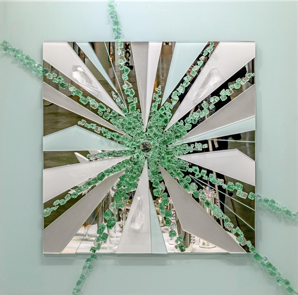 Abby Modell, Wishing Star (Aqua), 2026
Mirror/glass assemblage, black-painted glass, Swarvoski crystals framed, 48 x 48 in.