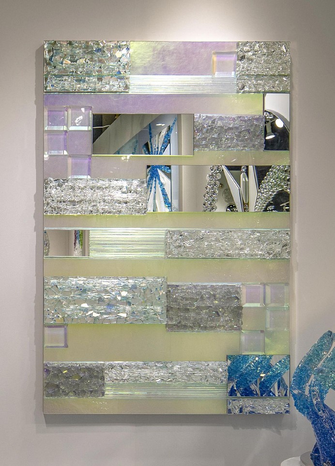 Abby Modell, Lightwave Twilight, 2026
Dichroic mirror glass assemblage, fire polished glass, dichroic glass rods, Swarovski crystals, Diamond Dust, on framed mirror, 72 x 48 in.